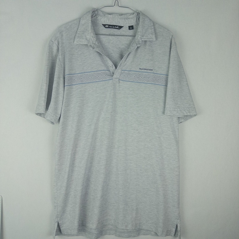 Travis Mathew Golf Polo Shirt Mens L Heather Gray Geometric Stripe Country Club